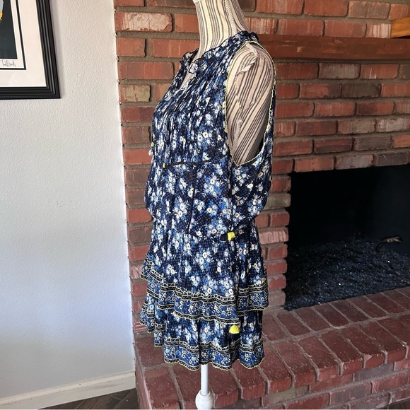 Poupette St. Barth Amora Floral Printed Tiered Mini Dress in Blue Sz S - Picture 4 of 7